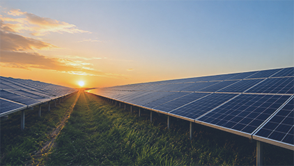 Large-scale solar PV farm at sunset